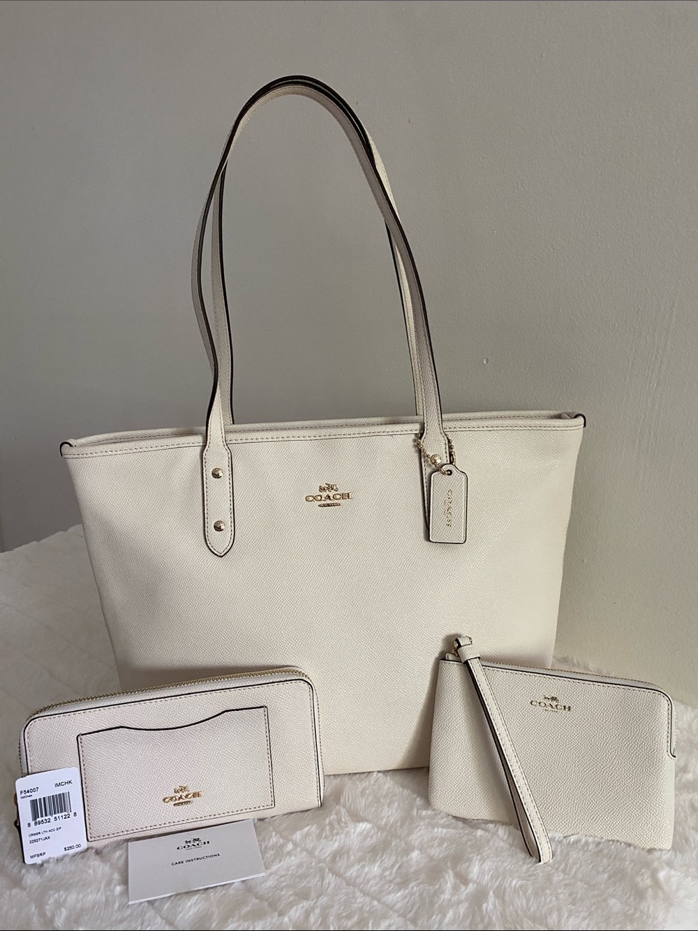 Coach Crossgrain Leather City Zip Tote Set in Chalk w/ Gold-Tone Hardware